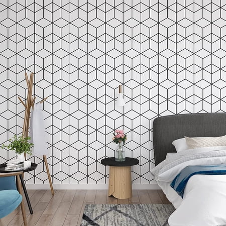 Geometric Wallpaper Stick and Peel Black and White Wallpaper for Bathroom Modern Hexagon Wallpaper Waterproof Removable Wall Paper Self Adhesive Contact Paper for Countertops 17.7''x236''