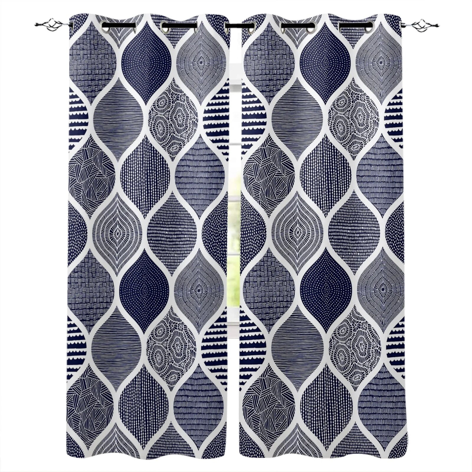 Geometric Watercolor Moroccan Texture Blue Modern Hall Curtains For valentine-s-day-dwarf-love-modern-hall-curtains-for-living-room-girl