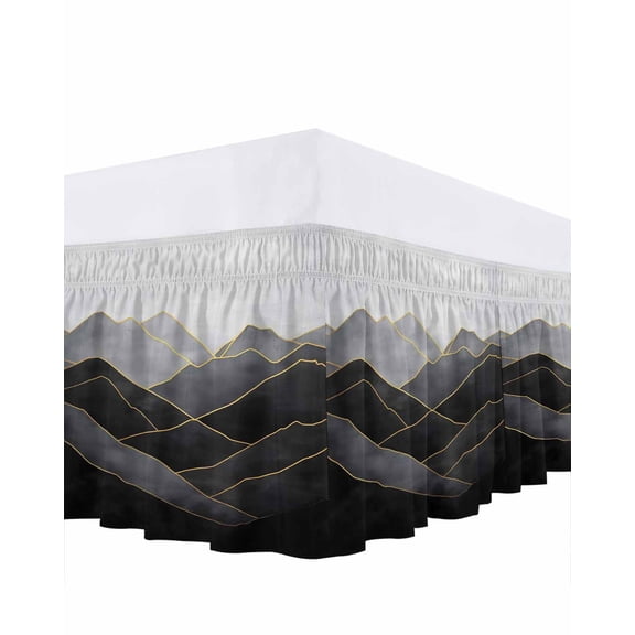 Geometric Wave Bed Skirt Queen Size 16&nbsp;Inch Drop, Minimalist Grey Golden Mountain Sky Wrap Around Dust Ruffle Bedskirts, Wrinkle & Fade Resistant Easy Fit Bedskirt with Adjustable Elastic
