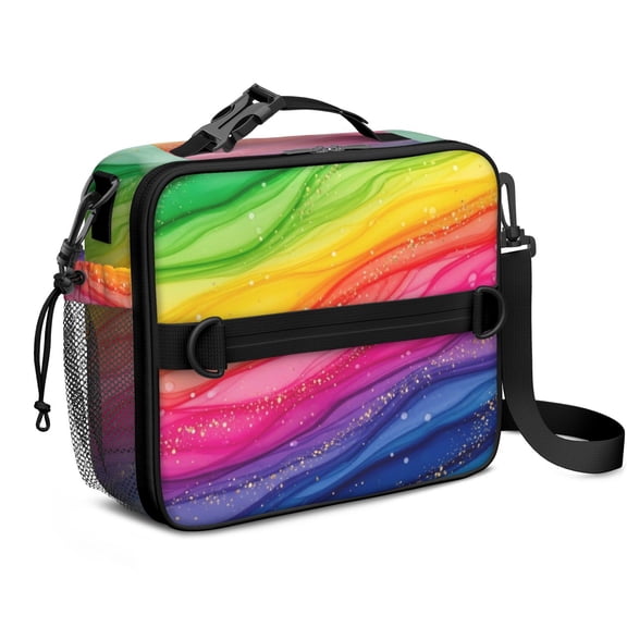 Geometric Wave Blue Pattern Insulated Lunch Bag with Shoulder Strap and Bottle Holder,Bento School Lunch Bag Box,11x9.5x3.5 Inches
