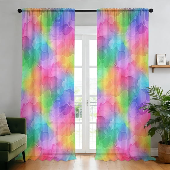 Wave Power Rods Geometric Wave Blue Pattern Sheer Curtains, Voile Drapes with Dual Rod ...