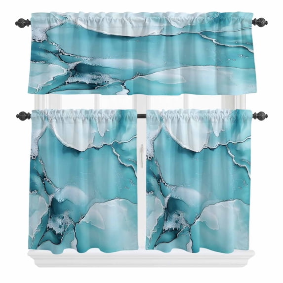 Geometric Wave Curtain Valances Set Minimalist Grey Golden Mountain Sky Kitchen Curtains 24 inch Length Rod Pocket Valance and Tiers 3 Piece Set Small Bedroom Bathroom Laundry Decor