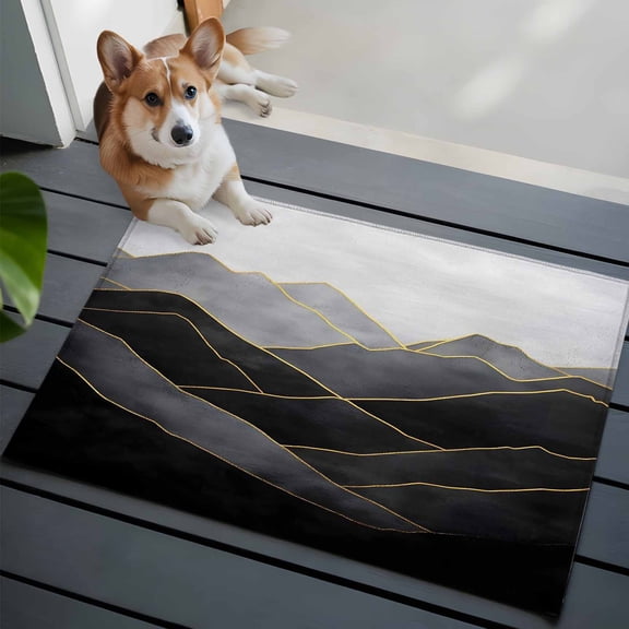 Geometric Wave Washable Area Rug 2x3 Minimalist Grey Golden Mountain Sky Low-Profile Area Rugs with Non Slip Backing Indoor Floor Carpet for Entrance Living Room Bedroom Home Office