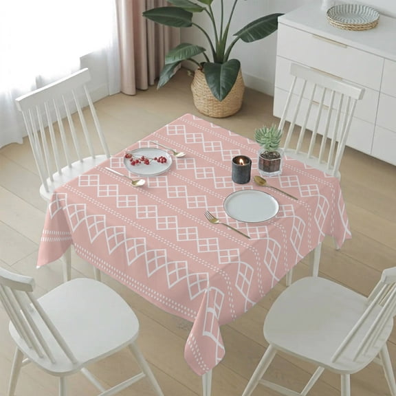 Geometric White Dot Square on Pink Table Cloth 60x60in, Waterproof Square Tablecloth Wipeable Tablecloths Abstract Modern Checkered Table Covers for Dining Tables Party Indoor Outdoor