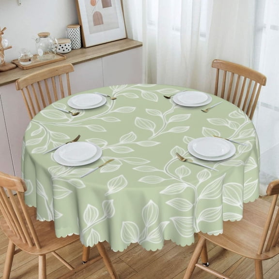 Geometric White Leaf Silhouette Pattern On Sage Green Background Round Tablecloth Waterproof Oil-Proof Plastic Table Cloth Stain-Resistant Wipeable 60" for Camping, Dining, Indoor and Outdoor
