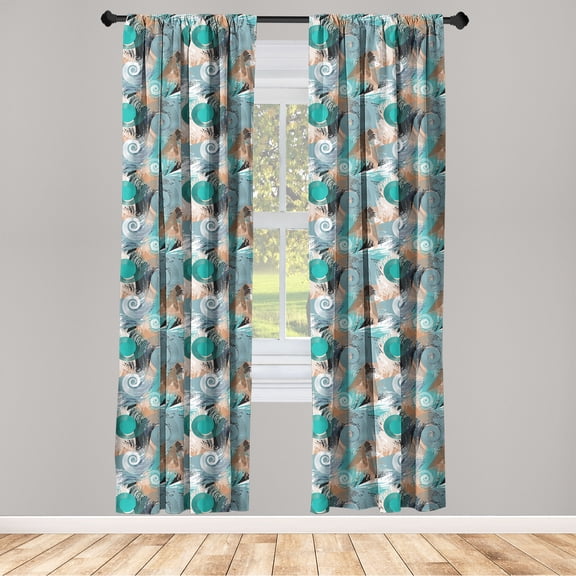 Geometric Window Curtains, Abstract Style Rounds Swirls and Triangles Watercolor Inspired Print, Lightweight Decor 2-Panel Set with Rod Pocket, Pair of - 28"x63", Teal Camel Cadet Blue, by Ambesonne