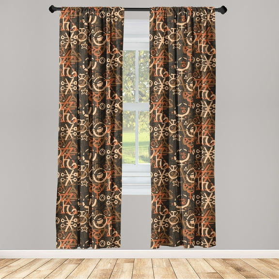 Geometric Window Curtains, Grafitti Art Inspired Antique Folk Symbols Pattern on Earthy Backdrop, Lightweight Decor 2-Panel Set with Rod Pocket, Pair of - 28"x84", Brown and Burnt Orange, by Ambesonne