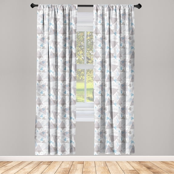 Geometric Window Curtains, Minimal Drawing of Striped Triangle Illustrations on Plain Backdrop, Lightweight Decor 2-Panel Set with Rod Pocket, Pair of - 28"x63", Brown Pale Blue White, by Ambesonne