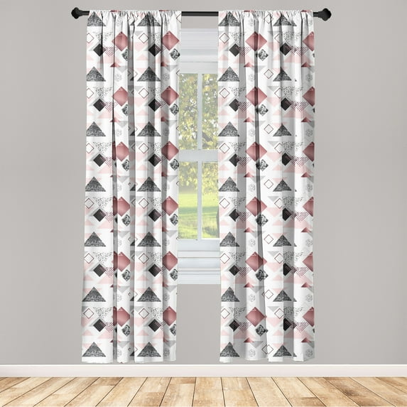 Geometric Window Curtains, Modern Minimal Style Squares and Triangles Pattern on Plain Back, Lightweight Decor 2-Panel Set with Rod Pocket, Pair of - 28"x84", Grey Blush and Dried Rose, by Ambesonne