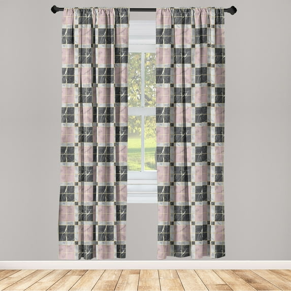 Geometric Window Curtains, Modern Style Designed Square Pattern With Golden Tone Stripes Print, Lightweight Decor 2-Panel Set with Rod Pocket, Pair of - 28"x84", Charcoal Grey Pale Grey, by Ambesonne