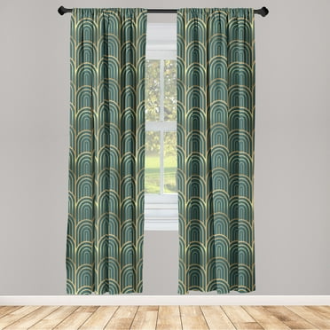 Geometric Window Curtains, Repeating Reverse U Shapes With Stripe Pattern on Greenish Backdrop, Lightweight Decor 2-Panel Set with Rod Pocket, Pair of - 28"x63", Pale Earth Yellow Teal, by Ambesonne