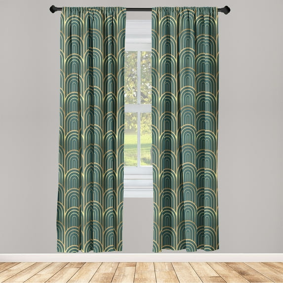 Geometric Window Curtains, Repeating Reverse U Shapes With Stripe Pattern on Greenish Backdrop, Lightweight Decor 2-Panel Set with Rod Pocket, Pair of - 28"x63", Pale Earth Yellow Teal, by Ambesonne