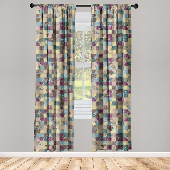 Geometric Window Curtains, Surreal Design Quadrant and Square Pattern with Grunge Retro Art, Lightweight Decor 2-Panel Set with Rod Pocket, Pair of - 28"x84", Avocado Green Purple Teal, by Ambesonne