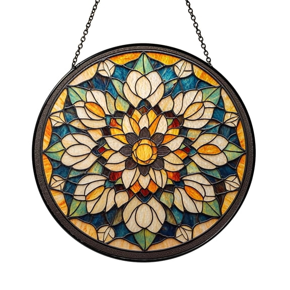 Geometric Window Panel with Stained Glass Look, Home Window Decor Featuring Structured Amber and Ivory Design