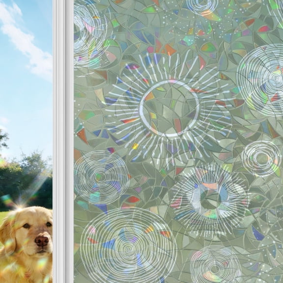 Geometric Window Privacy Film Stain Glass,Reusable Decorative Rainbow Window Film,Abstract Sage Green White Boho Circle Dot Static Cling Sun Blocking Stickers Decals Covers 23.6" x 59" (2pcs)