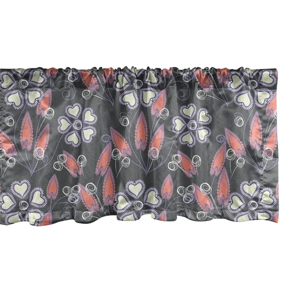 Geometric Window Valance, Floral Themed Ornamental Heart Shapes, Curtain Valance for Kitchen Bedroom Decor with Rod Pocket, 54" X 12", Grey Coral Lilac, by Ambesonne
