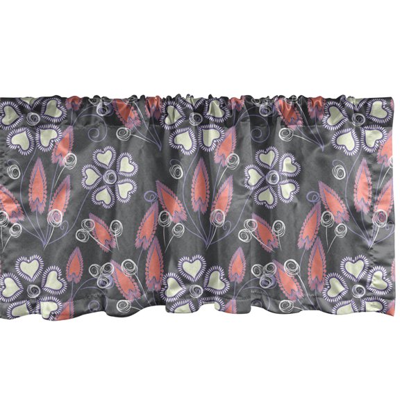 Geometric Window Valance, Floral Themed Ornamental Heart Shapes, Curtain Valance for Kitchen Bedroom Decor with Rod Pocket, 54" X 18", Grey Coral Lilac, by Ambesonne