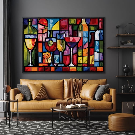 Geometric Wine Bottles and Cocktail Wall Art Vibrant Modern Mosaic De Print Abstract Decor Home Ready to Hang Poster Decor, Unframed Canvas Size 12x18