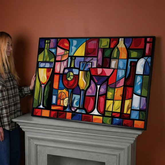 Geometric Wine Bottles Vibrant Mosaic Home Kitchen Dining Room Cafe Decor Wall Decor Unframed Paper Print