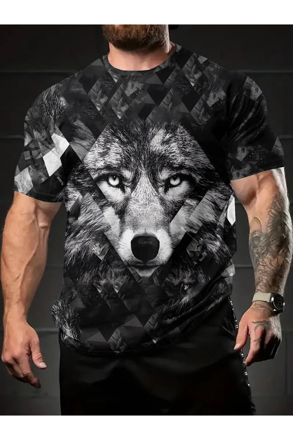 Geometric Wolf Head Men's 3D Printed T-Shirt, Bright Round Neck Short Sleeve, Summer Travel Casual Wear, Artistic Pattern T-Shirt, Holiday Gift
