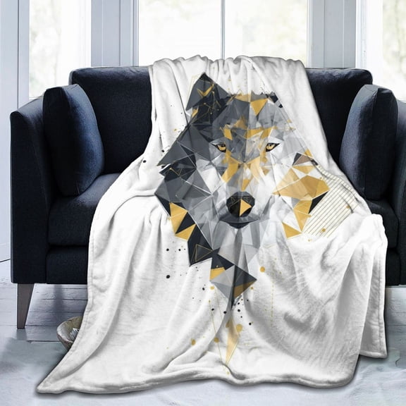 Geometric Wolf Throw Blanket, Gold and Black Minimalist Art Soft Flannel Fleece, Sophisticated Decor for Office, Home and Apartment 50x40