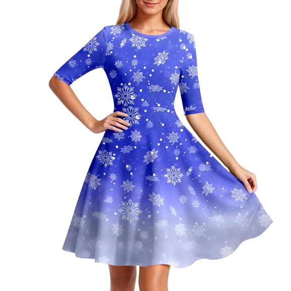 Geometric Women's Midi Dress Casual Long Dress Round Neck Swing Dress Blue M