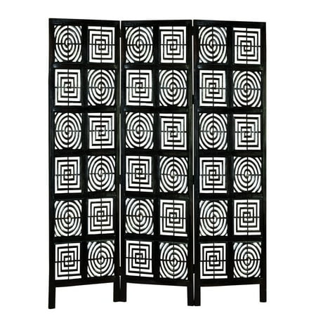 GwG Outlet Carved Wood 3 Panel Room Divider in Ebony with Geometric Shape 32699