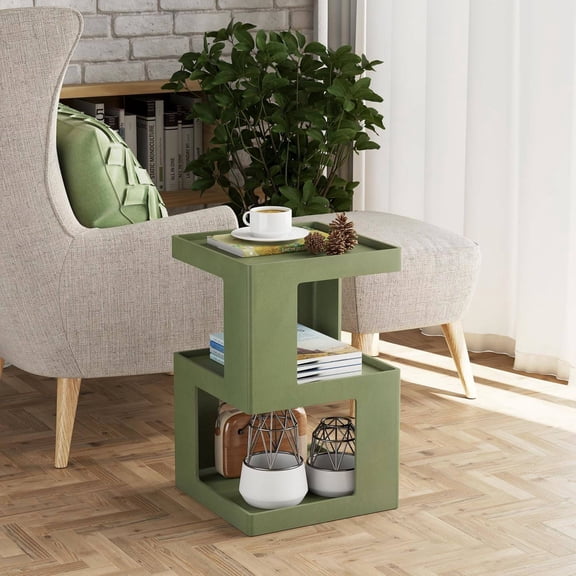 Geometric Wood End Table, Distressed 3-Layer Cube Side Table for Bedroom, Living Room, Entryway