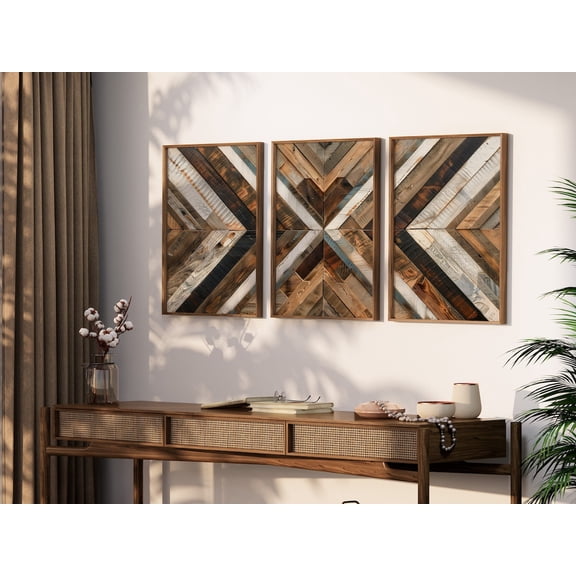 Geometric Wood Panel Abstract Wall Art Set 3 Stretched Canvas 8x12