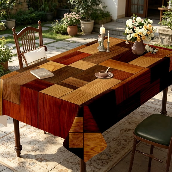 Geometric Wood Plaid Patchwork Print Tablecloth, Kitchen Dining Festive Thanksgiving Holiday Table Decor, Thanksgiving Christmas Gift