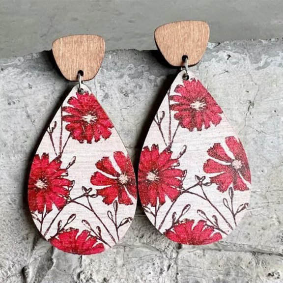 Geometric Wood Print Christmas Tree Reindeer Statement Women Holiday Earrings