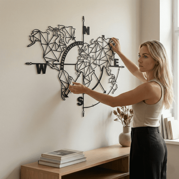 Geometric World Map Metal Wall Art for Home and Outside - Wall-Mounted Geometric Metal Wall Art - Drop Shadow 3D Effect Wall Decoration for Living Room Bedroom