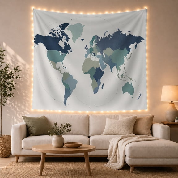 Geometric World Map on Off-White Background, Calming Minimalist Style for Travel Enthusiasts, Educational Art Decor, Graduation Gift, Tapestry Wall Hanging for Bedroom and Study Room