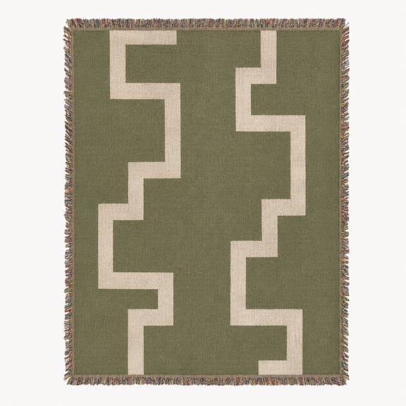 Geometric Woven Cotton Throw Blanket – Olive Green & Cream Stepped Pattern with Fringe, 3 Sizes