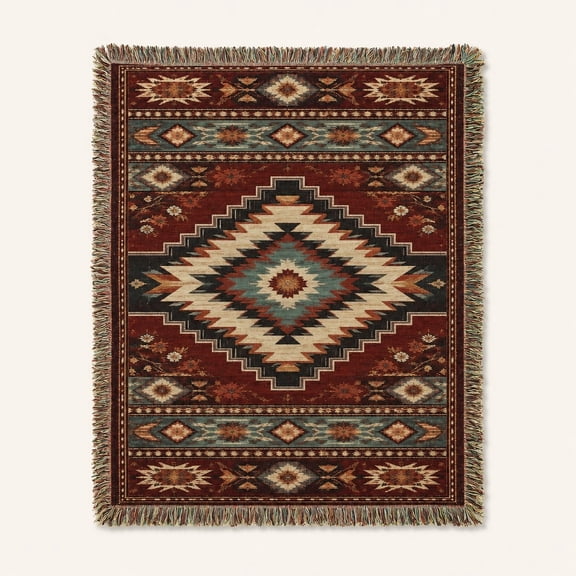 Geometric Woven Cotton Throw Blanket with Fringe, Southwestern Style Decor