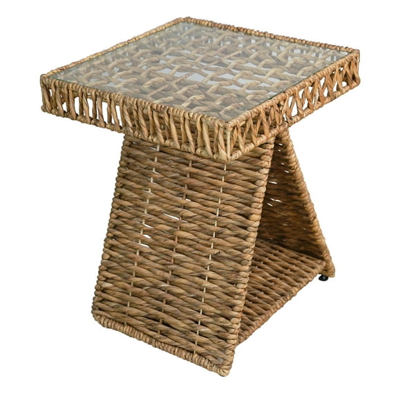 Geometric Woven Water Hyacinth End Table with Tempered Glass Top and Shelf