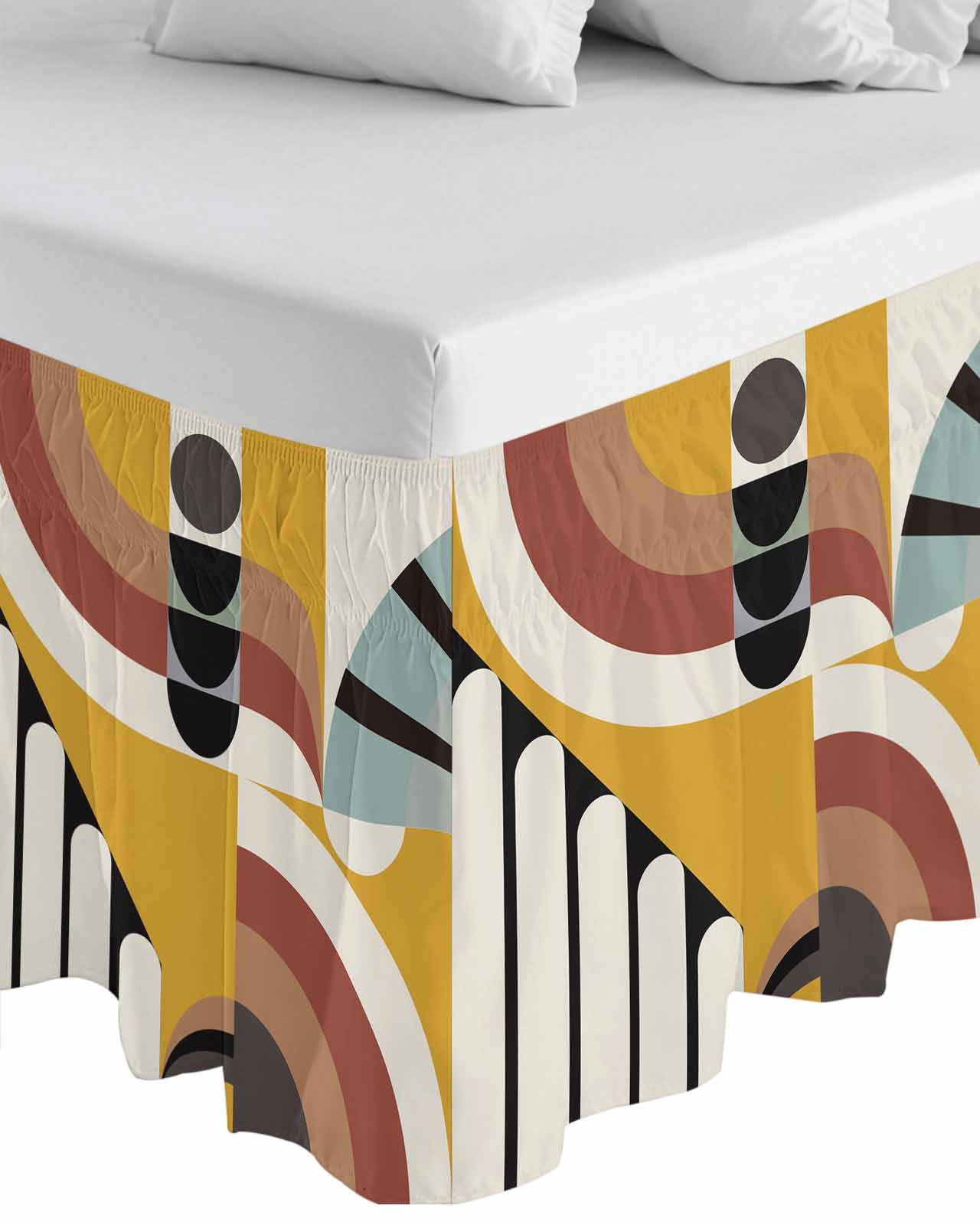Geometric,Wrap Around Bed Skirts for California King Bed 18" Drop,Bed Skirt with Adjustable Elastic Belt Dust Ruffle Bed Valance Abstract Black Middle Century Boho Yellow Red Stripes Bed Frame Cover