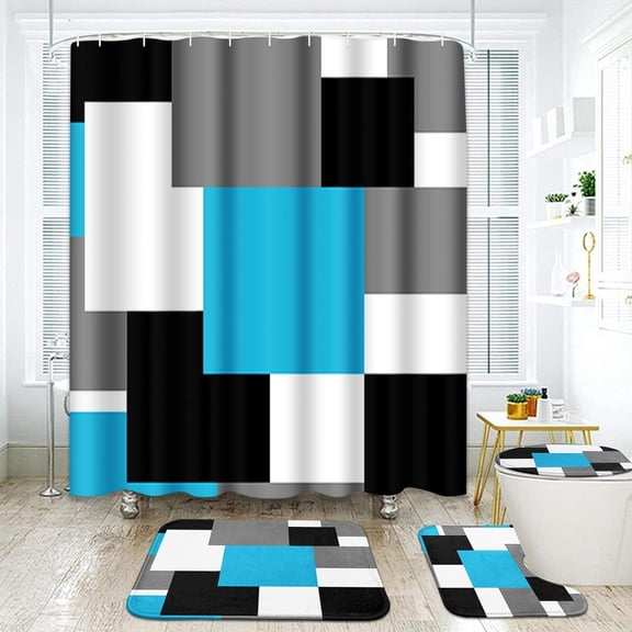 Geometric Yellow Bathroom Set with Shower Curtain and Rugs Accessories, Black and Gray Modern Shower Curtain for Bathroom, Yellow Bathroom Decor 4 Pcs