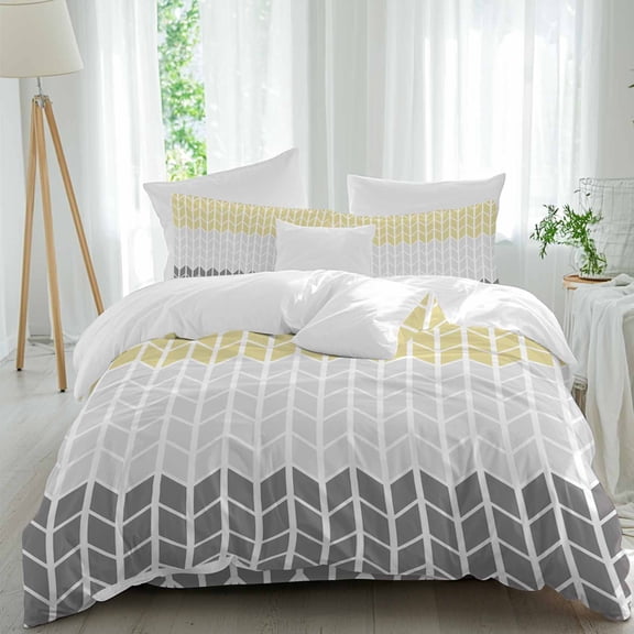 Geometric Yellow Comforter Set Queen Size, Gray Black Chevron Soft Bedding Set for Man Woman, 4 Pieces Duvet Cover Set with Fitted Sheet, 2 Pillowcases
