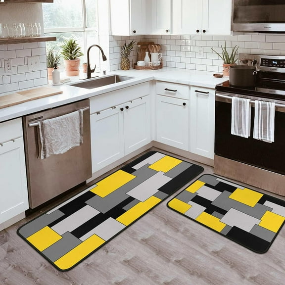 Geometric Yellow Kitchen Rugs Set of 2 Checkered Black Grey Kitchen Mats for Floor Non-Slip Backing Kitchen Mat Washable Runner Rug for Home Yellow Kitchen Decor and Accessories 17"x47.2"+17"x30"