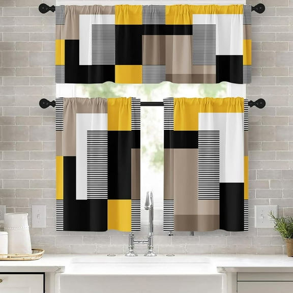 Geometric Yellow Kitchen Window Curtains Valance and Tier Set 36 Inch Black Brown White Modern Rod Pocket Short Tier Curtain, Abstract Patchwork Small Drapes for Kitchen Decor