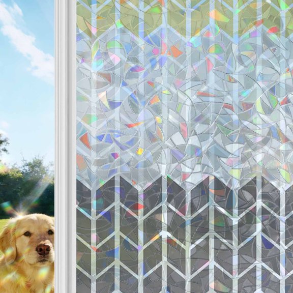 Geometric Yellow Rainbow Window Privacy Film, Gray Black Chevron Stained Glass Window Film, Sun Blocking Glass Clings Static Cling Non Adhesive Door Stickers 17.7 x 39.3 Inches