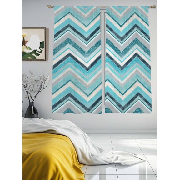 Geometric Zig Zag Art Stripes Chiffon Sheer Curtains 63 Inches Long Multicolor Chevron Rod Pocket Window Curtains Voile Drapes Curtains for Living Room Bedroom,2 Panels