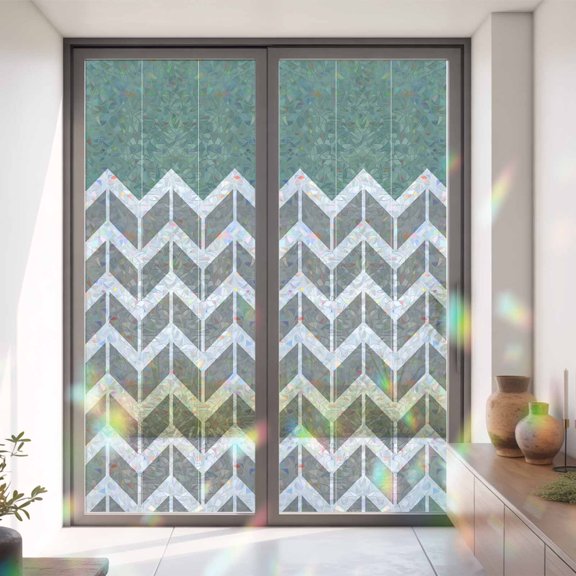 Geometric Zig Zag Striped Window Privacy Film, Rainbow Film Decorative Window Sticker 35.4x78.7in, Herringbone Chevron Stripes Sun Blocking Static Stained Glass Cling Tint Non-Adhesive