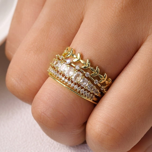 Geometric Zircon Inlaid Copper Ring Wheat Leaf Design Ladies Elegant Everyday Wear Timeless Copper Jewelry Now