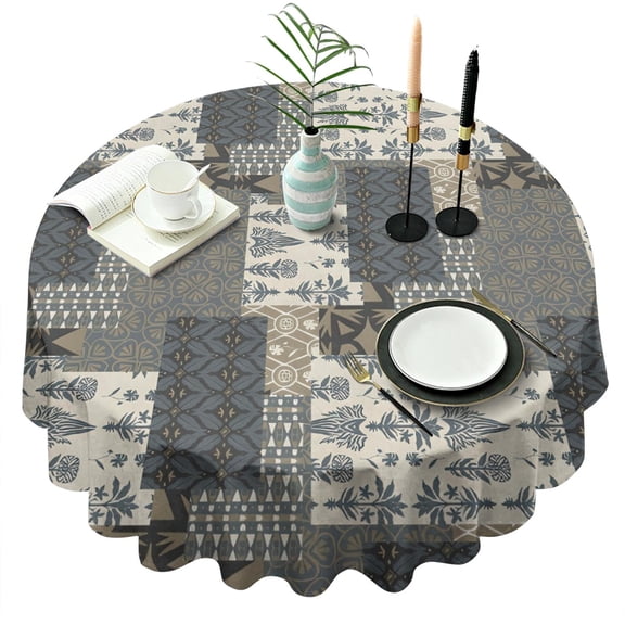 Geometric and Floral Boho Pattern Round Tablecloth 60"x60",Wrinkle Wipeable Table Cloth for Kitchen Dining Room Picnic Patio Party