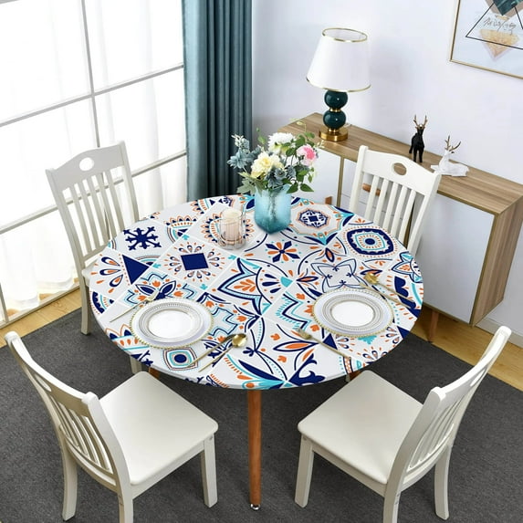 Geometrical Arabian Pattern Round Fitted Tablecloth Boho Elastic Edged Waterproof Table Cloth Dining Table Decor Accessories