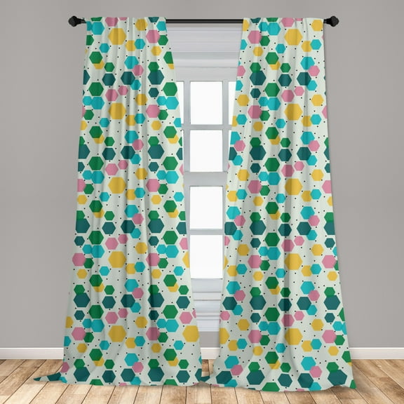 Geometrical Curtains 2 Panels Set, Abstract Colorful Repeating Pattern with Hexagons and Tiny Triangles, Window Drapes for Living Room Bedroom, 56"W X 63"L, Pale Green Multicolor, by Ambesonne