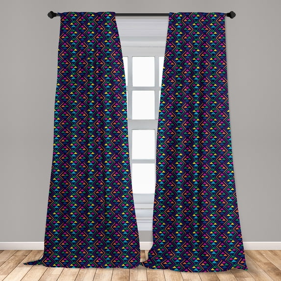 Geometrical Curtains 2 Panels Set, Abstract Pattern of Triangles and Zigzags Composition on a Dark Background, Window Drapes for Living Room Bedroom, 56"W X 63"L, Multicolor, by Ambesonne