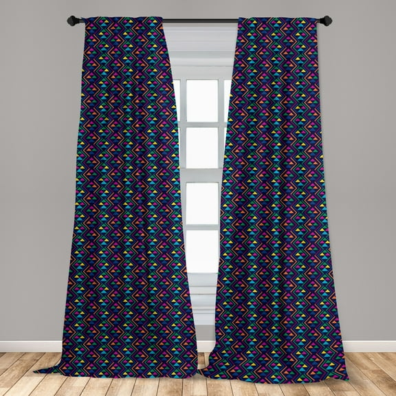 Geometrical Curtains 2 Panels Set, Abstract Pattern of Triangles and Zigzags Composition on a Dark Background, Window Drapes for Living Room Bedroom, 56"W X 84"L, Multicolor, by Ambesonne